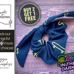 Handmade Scrunchies Hair Ties with Removable Knot Bow - BUY 2 GET 1 FREE - Navy Blue Yellow Glow in the Dark Skateboards