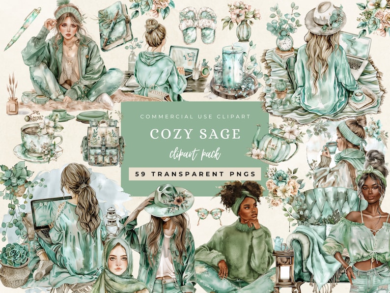 Watercolor Sage Green Planner Lover Clipart, Planner Clip Art, Journaling Clipart, Planner Girl PNG Bundle Sage Journal Bookworm, Book Lover image 1