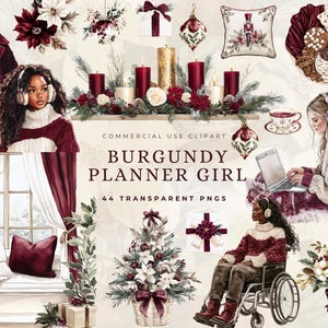 Clipart de clima de suéter bordô, clipart de inverno, Natal aconchegante bordô, neutro, buquês de inverno, garota planejadora, árvore, laptop, presente PNG