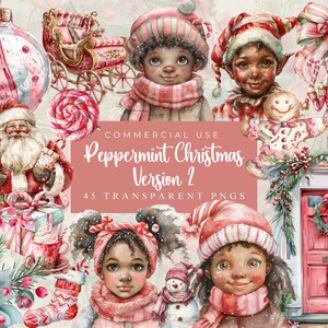 May include: A set of 45 digital watercolor illustrations featuring a peppermint Christmas theme. The illustrations include a gingerbread person, a nutcracker, a Christmas elf, a Santa Claus, a snowman, a candy cane, a Christmas stocking, a Christmas ornament, a Christmas tree, a Christmas wreath, a Christmas door, and a Christmas sleigh. The illustrations are perfect for creating holiday cards, invitations, scrapbook pages, and other festive crafts.
