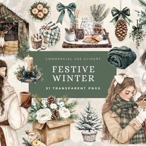 Acogedor clipart navideño, acuarela, vela, coqueta, gráficos, sublimación, pegatina digital, diario basura, festivos, fiestas, escena de invierno verde, lazo