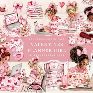 Acquerello San Valentino Planner Girl Clipart, PNG San Valentino Amore, Dolci di San Valentino, Lettura Amante dei libri Rosso e rosa Digitale