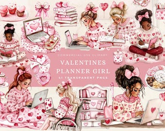 Watercolor Valentines Planner Girl Clipart, PNG Valentines Day Love, Valentines Sweets, Reading Bookish Book Lover Red and Pink Digital