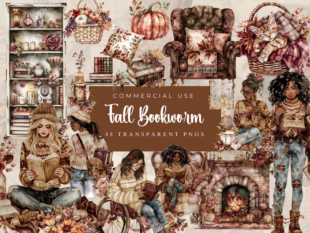 Watercolor Autumn Library Clipart Bundle, Fall Clipart PNG, Books ...