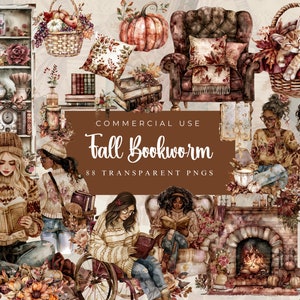 Paquete de imágenes prediseñadas de la biblioteca de otoño de acuarela, imágenes prediseñadas de otoño PNG, libros, imágenes de ratón de biblioteca, Cottagecore, calabaza, descarga digital, uso comercial