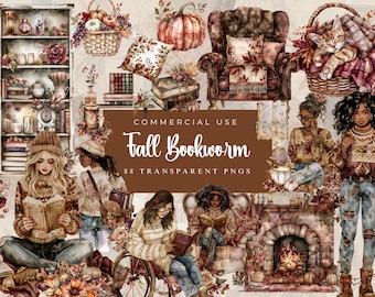 Pacchetto di clipart della libreria autunnale dell'acquerello, PNG ClipArt autunnale, libri, immagini di topo di biblioteca, Cottagecore, zucca, download digitale, uso commerciale