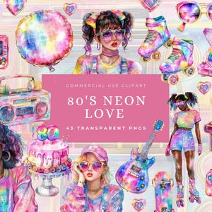 J'aime les cliparts des années 80, téléchargement numérique, cassette, ensemble de cliparts néon des années 80, téléchargement immédiat, ambiance de soirée à thème, nostalgie rétro