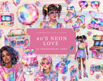 I love the 80's clipart, Digital Download, Cassette Tape, Neon 80S Clipart Bundle, Instant Download, Theme Party Vibes, Retro Nostalgia