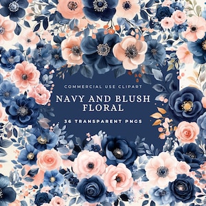 Navy and Blush Floral Clipart, Watercolor Blue and Pink Flowers, Blush Floral Wreath, Gender Reveal Clipart, Flowers PNG, Delicate Bouquets