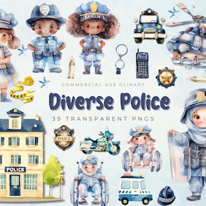 Politie aquarel clipart, politiehond clipart, politieagent clipart, politie badge clipart, politie auto clipart, politie partij thema uitnodigen