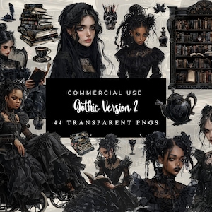 Paquete de imágenes prediseñadas de princesa gótica de acuarela, chica gótica, Academia oscura gótica PNG, tarjeta de fantasía amante de los libros góticos haciendo diario basura de álbum de recortes