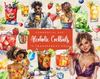 Watercolor Cocktail Clipart Bundle, Bar Menu, Champagne Clipart, Wedding Cocktail PNG, Alcohol Clipart, Champagne, Wine, Beeer, Whiskey