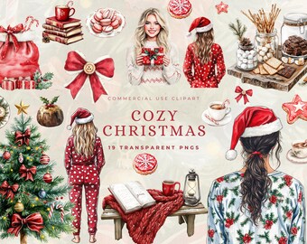 Weihnachten Planer Clipart Aufkleber Digital, gemütliches Journal Mädchen, Arbeiten, Lesen Buchliebhaber, Bücherwurm Bücherwurm für DIY Scrapbook und einladen,