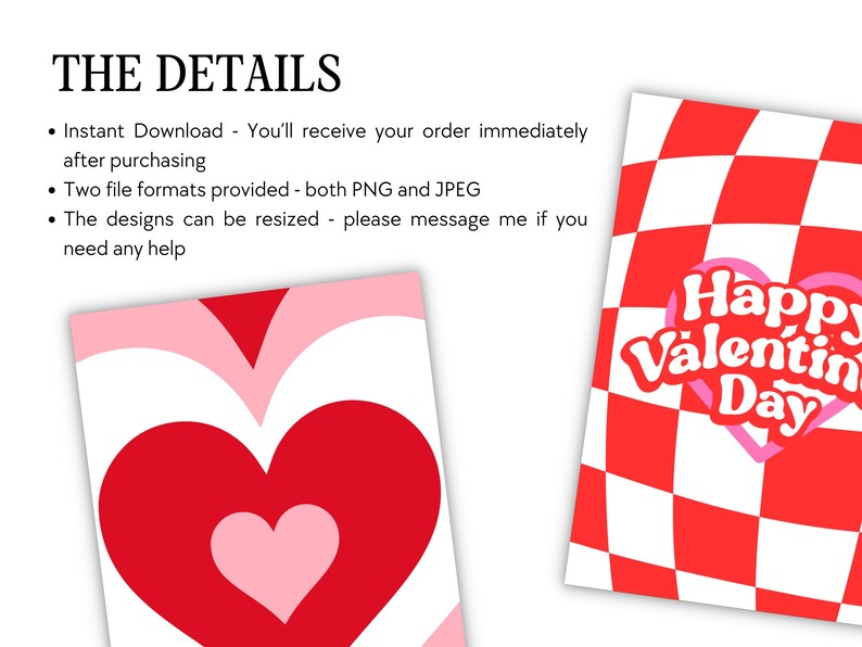 Puede incluir: Dos tarjetas de San Valent&iacute;n imprimibles con un fondo a cuadros rojo y blanco, un coraz&oacute;n rosa y el texto "Happy Valentine Day". Una tarjeta presenta un coraz&oacute;n rojo con un coraz&oacute;n rosa en su interior.