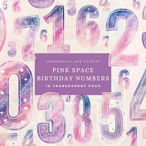 Aquarell rosa Raum Zahlen Clipart Bundle wunderliche Thema Geburtstag Party Sublimation Kuchen Topper Geburtstag einladen PNG niedlichen Astronaut