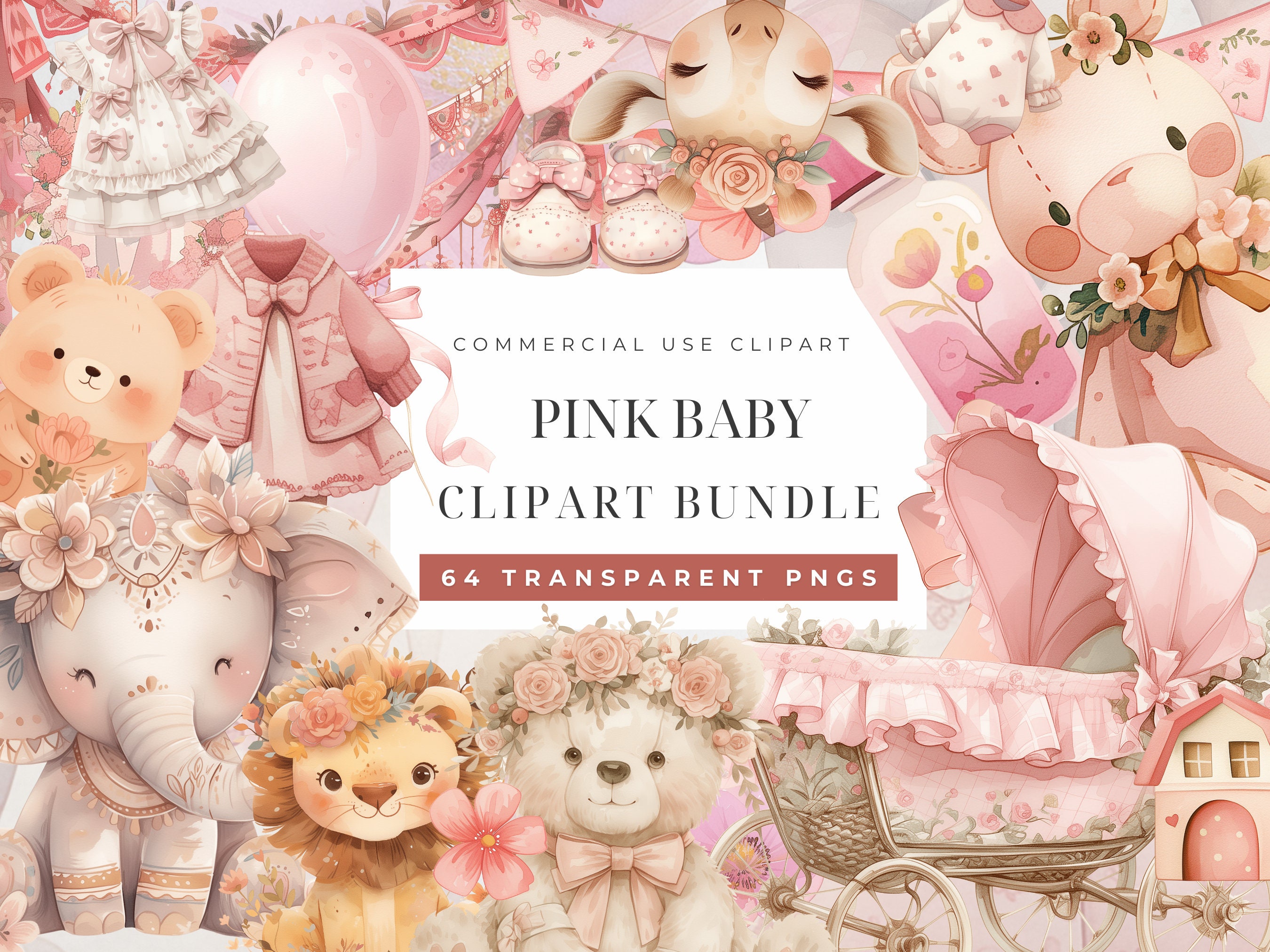 Boho Pink Baby Watercolor Clipart, Nursery Animal Clip Art, Newborn ...