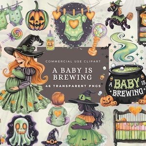 Halloween Baby Shower Clipart - A Little Boo Brewing Akwarela, Baby Brewing, Baby Shower Zaproszenie Sztuka, Zawiadomienie o Ciąży