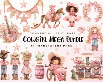 Paquete de imágenes prediseñadas de vaqueras adorables, estilo western rosa en formato PNG (descarga digital)