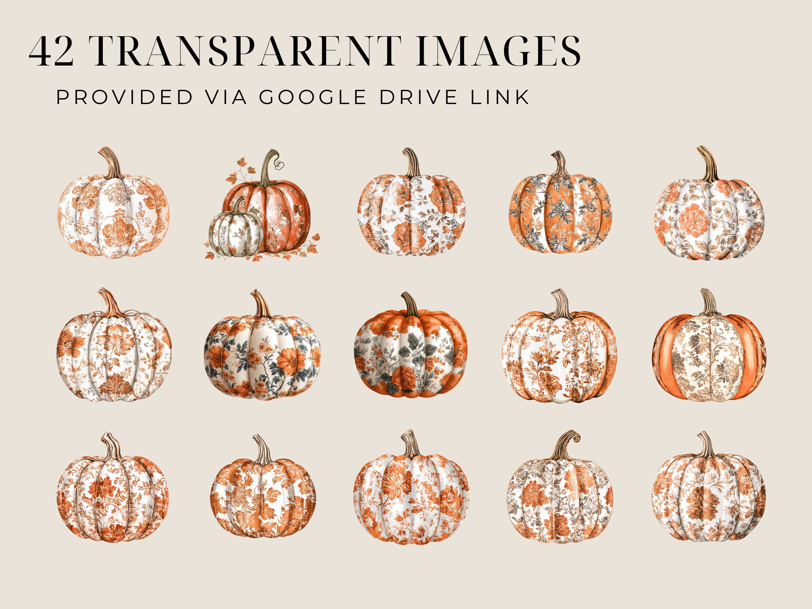 Toile Pumpkin Clipart Pack, Damask Fall Junk Journal Pngs, Fall ...