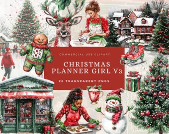 Weihnachten Planer Clipart Aufkleber Digital, gemütliches Journal Mädchen, Arbeiten, Lesen Buchliebhaber, Bücherwurm Bücherwurm für DIY Scrapbook und einladen,