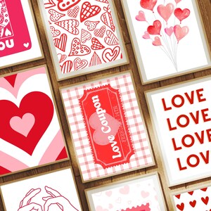 Puede incluir: Nueve tarjetas de San Valent&iacute;n imprimibles con varios dise&ntilde;os que incluyen corazones, las palabras "Love" y "Love Coupon", y una carta de reina roja con la palabra "You".