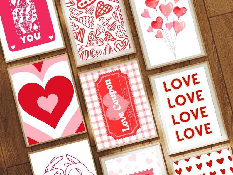 Puede incluir: Nueve tarjetas de San Valent&iacute;n imprimibles con varios dise&ntilde;os que incluyen corazones, las palabras "Love" y "Love Coupon", y una carta de reina roja con la palabra "You".