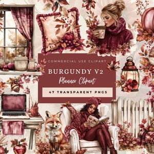 Bourgondische trui weer clipart, herfst clipart, bordeaux gezellige herfst, neutrale pompoen, herfstboeketten, planner meisje, esdoornblad clipart