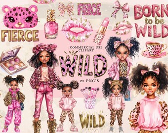 Preppy Pink Clipart Set, PNG Wild Child Sublimation Girls Birthday Party Invite Sleepover Leopard Print Pink Watercolor Fierce Journal PNG
