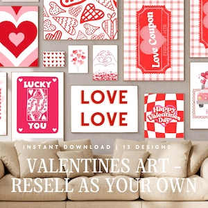 Puede incluir: Una colecci&oacute;n de 13 impresiones de arte imprimibles para el D&iacute;a de San Valent&iacute;n con varios dise&ntilde;os con corazones, patrones de cuadros rojos y blancos, y el texto "Love Coupon", "Lucky You", "Love Love" y "Happy Valentines Day".