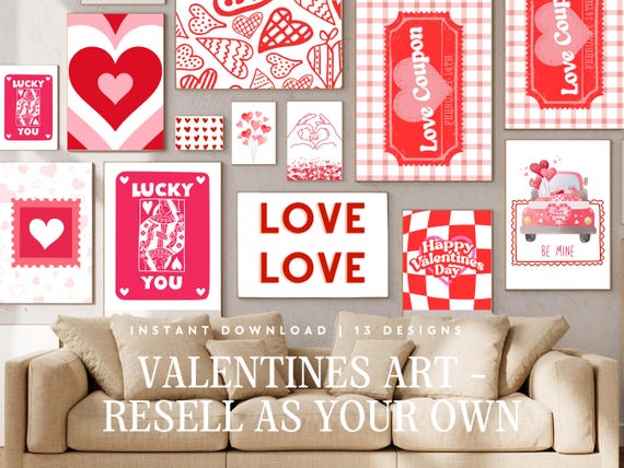 Valentines Wall Art Bundle Love Red and Pink Home Decor Gallery Wall, Printable Design Unframed Digital Download Commercial Licence PLR MRR