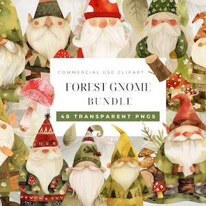 Imágenes prediseñadas de gnomos del bosque de acuarela, gnomo de camping, uso comercial, arte clip de gnomo de jardín, escena del bosque, imagen digital de la casa de setas