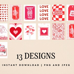 Puede incluir: Trece dise&ntilde;os imprimibles para el D&iacute;a de San Valent&iacute;n con corazones, amor y temas rom&aacute;nticos. Los dise&ntilde;os incluyen un coraz&oacute;n con un gesto de mano de amor, un coraz&oacute;n con un coraz&oacute;n m&aacute;s peque&ntilde;o dentro, un coraz&oacute;n con un cup&oacute;n de amor, un coraz&oacute;n con un mensaje de suerte, un coraz&oacute;n con un mensaje de amor, un coraz&oacute;n con un mensaje de feliz D&iacute;a de San Valent&iacute;n, un coraz&oacute;n con un mensaje de 14 de febrero, un coraz&oacute;n con un patr&oacute;n de coraz&oacute;n, un coraz&oacute;n con un patr&oacute;n de globo de coraz&oacute;n, un coraz&oacute;n con un sello de coraz&oacute;n, un coraz&oacute;n con un patr&oacute;n de coraz&oacute;n, un coraz&oacute;n con un cup&oacute;n de amor y un coraz&oacute;n con un mensaje de 's&eacute; m&iacute;o'.