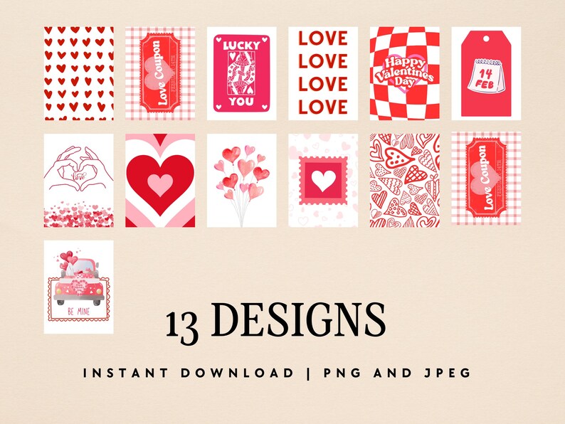 Puede incluir: Trece dise&ntilde;os imprimibles para el D&iacute;a de San Valent&iacute;n con corazones, amor y temas rom&aacute;nticos. Los dise&ntilde;os incluyen un coraz&oacute;n con un gesto de mano de amor, un coraz&oacute;n con un coraz&oacute;n m&aacute;s peque&ntilde;o dentro, un coraz&oacute;n con un cup&oacute;n de amor, un coraz&oacute;n con un mensaje de suerte, un coraz&oacute;n con un mensaje de amor, un coraz&oacute;n con un mensaje de feliz D&iacute;a de San Valent&iacute;n, un coraz&oacute;n con un mensaje de 14 de febrero, un coraz&oacute;n con un patr&oacute;n de coraz&oacute;n, un coraz&oacute;n con un patr&oacute;n de globo de coraz&oacute;n, un coraz&oacute;n con un sello de coraz&oacute;n, un coraz&oacute;n con un patr&oacute;n de coraz&oacute;n, un coraz&oacute;n con un cup&oacute;n de amor y un coraz&oacute;n con un mensaje de 's&eacute; m&iacute;o'.