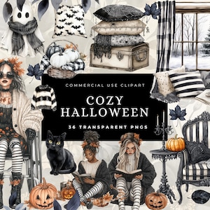 Watercolor Cozy Halloween Clipart, Neutral Spooky Halloween Clip Art, Modern Halloween PNG Bundle, Commercial Use, Digital stickers