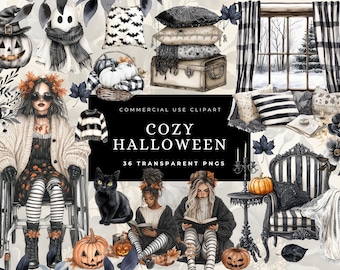Watercolor Cozy Halloween Clipart, Neutral Spooky Halloween Clip Art, Modern Halloween PNG Bundle, Commercial Use, Digital stickers