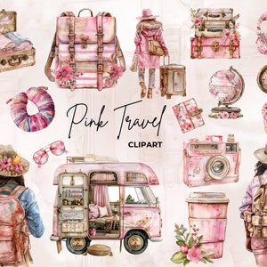 Reizen aquarel clipart roze girly, zomer clipart, digitale download, commercieel gebruik, transparante PNG 300 Dpi, vakantie, zomeravontuur