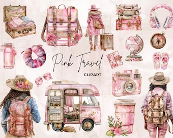 Travel Watercolor Clipart Pink Girly, Summer Clipart, Digital Download, Commercial Use, Transparent Png 300 Dpi, Holiday, Summer Adventure