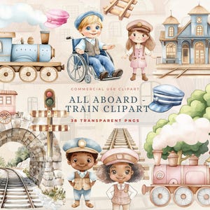 Aquarel trein clipartbundel hoge kwaliteit PNG-afbeeldingen voor inrichting kinderkamer - Baby Shower Art - Instant Download stoomtrein verjaardagsuitnodiging