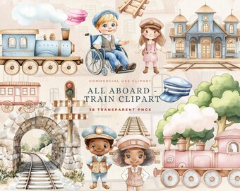 Watercolor Train Clipart Bundle High Quality PNG Graphics for Nursery Decor - Baby Shower Art - Instant Download Steam Train Birthday Invite