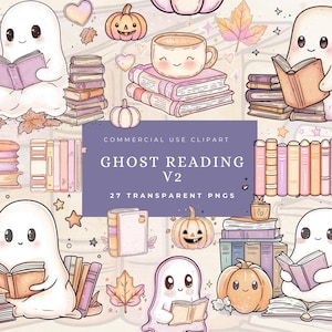 Clipart di lettura del fantasma Fantasma di Halloween libresco png Lettura delle vibrazioni autunnali png PNG da libro alla moda Clipart amante dei libri Camicia regalo di Halloween png
