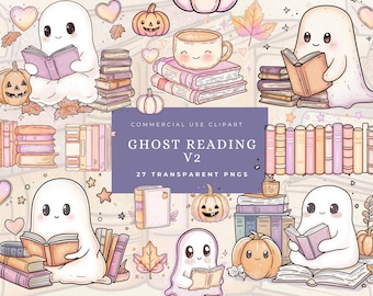 Halloween Ghost Reading Clipart, Bookish PNG Set (27 Files)