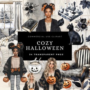 Watercolor Cozy Halloween Clipart, Neutral Spooky Halloween Clip Art, Modern Halloween PNG Bundle, Commercial Use, Digital stickers
