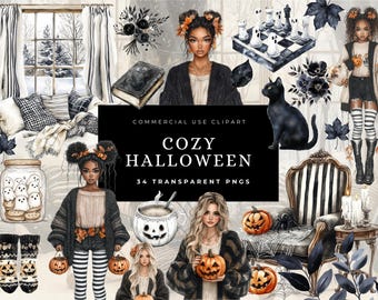 Clipart aconchegante de Halloween em aquarela, clipart neutro e assustador de Halloween, pacote PNG moderno de Halloween, uso comercial, adesivos digitais