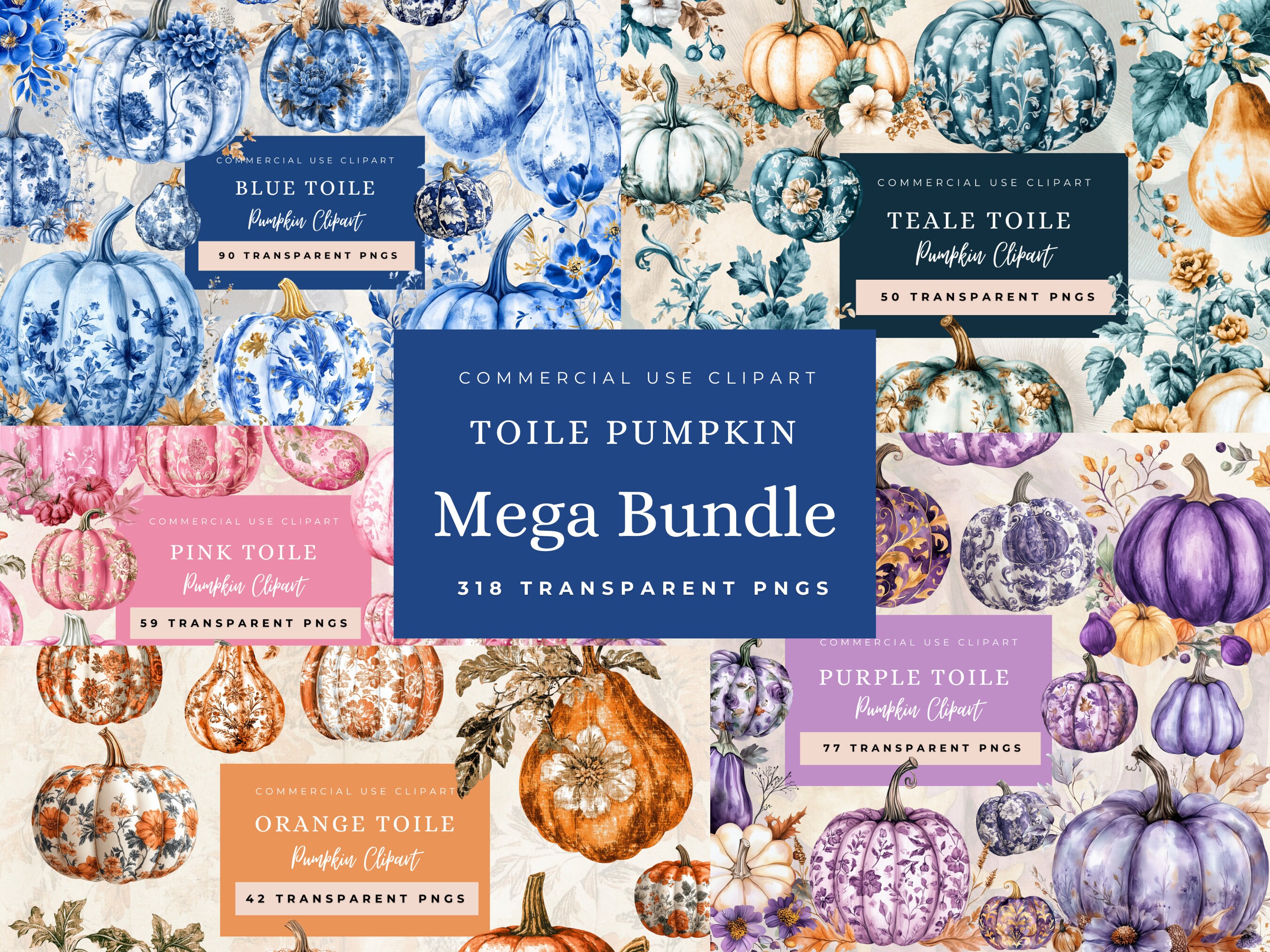 Toile Pumpkin Clipart Mega Bundle, Damask Fall Junk Journal Pngs, Fall ...