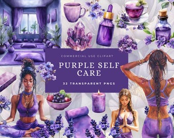 Watercolor Purple Lavender Yoga Lover Clipart Bundle, Meditation Clip Art, Self Care PNG, Relaxation, Fitness Digital Download Stickers
