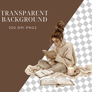 May include: A woman sits on a blanket with a book in her lap, a lit candle, and two open notebooks. She is wearing a cream sweater and glasses. The background is a transparent checkered pattern.