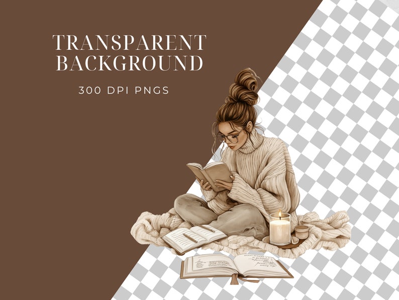 May include: A woman sits on a blanket with a book in her lap, a lit candle, and two open notebooks. She is wearing a cream sweater and glasses. The background is a transparent checkered pattern.