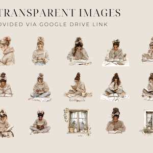 May include: A collection of 12 digital illustrations featuring women reading books in various settings. The illustrations are in a minimalist style with a neutral colour palette of beige, brown, and white.