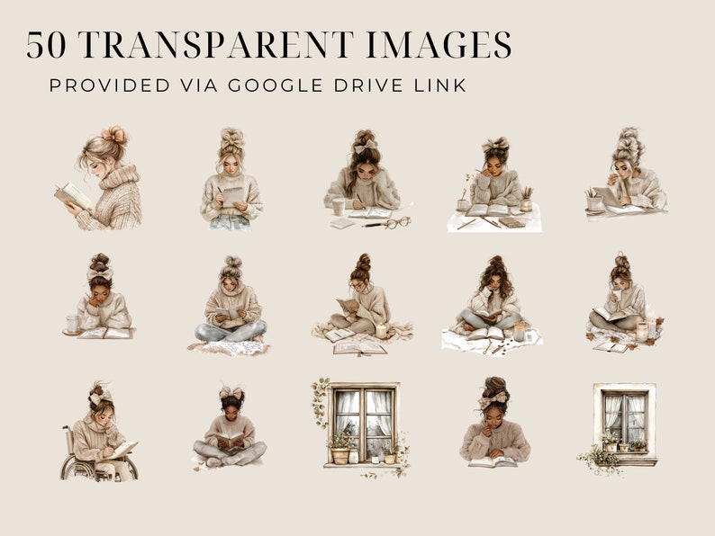 May include: A collection of 12 digital illustrations featuring women reading books in various settings. The illustrations are in a minimalist style with a neutral colour palette of beige, brown, and white.