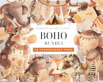 Niedliches Boho Doodle Clipart Bundle, Boho Baby Aquarell, Kinderzimmer Tier Clip Art, Neugeborene Boho Kid, Babyparty PNG, Vintage Boho Baby,